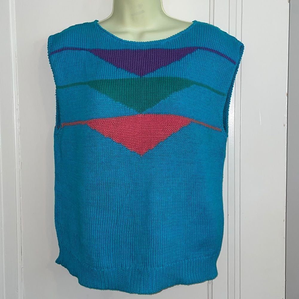 Vtg 80s‎ Alpenblick turquoise blue cotton sleeveless sweater/ triangles on front